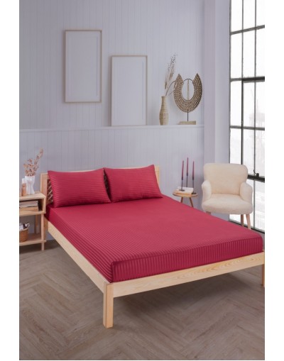 Pamuklu Çizgili Saten Tek Kişilik Lastikli Çarşaf Seti 100x200cm30 Cm 1 Adet Yastık Kılıfı 50x70 Bordo