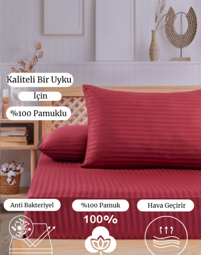 Çizgili Saten Yatak Çarşafı Lastikli 160x200 Yastık Kılıfı 50x70 Fitted Çift Kişilik Çarşaf Seti Bordo