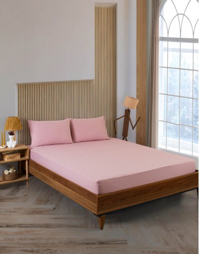 Pamuklu Çizgili Saten Çift Kişilik Lastikli Çarşaf Takımı 180x200 Cm 2 Adet Yastık Kılıfı 50x70 Cm Pembe