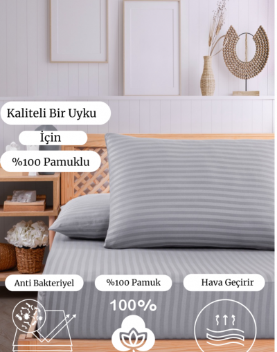 Pamuklu Çizgili Saten Çift Kişilik Lastikli Çarşaf Seti 160x200 Cm 2 Adet Yastık Kılıfı 50x70 Cm Gri