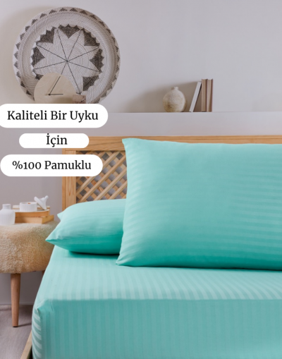 Pamuklu Çizgili Saten Çift Kişilik Lastikli Çarşaf Seti 160x200 Cm 2 Adet Yastık Kılıfı 50x70 Cm Mint Yeşil