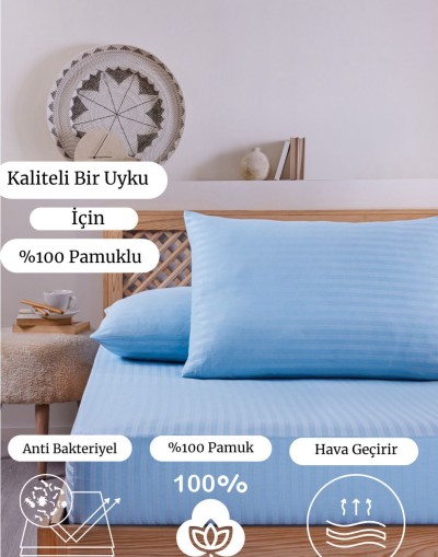 Pamuklu Çizgili Saten Çift Kişilik Lastikli Çarşaf Takımı Açık Mavi 180x200 Cm 2 Adet Yastık Kılıfı 50x70 Cm